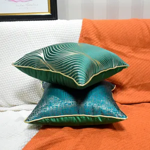 Modern luxury throw pillow cover jacquard green cushion case with gold piping for sofa bed decor