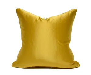 Yellow satin pillowcase detail showing smooth fabric texture, perfect for luxury home decor.