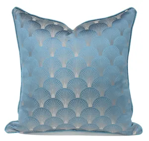 Exquisite luxury blue fan pattern throw pillow cover detail, elegant art deco cushion.