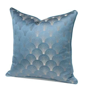 Luxurious blue throw pillow cover with elegant Nordic fan pattern, premium home textile detail.
