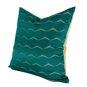Detailed close-up of green wave pattern luxury decorative pillow cover with beige edges.
