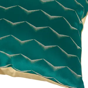 Luxury velvet chevron throw pillow cover, peacock green and gold design for sofa decor.