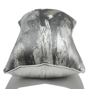 Blue-grey abstract throw pillow detail view, modern luxury cushion cover for living room.