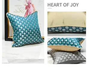 Detailed view of blue-green fan pattern decorative pillow cover, modern minimalist sofa cushion.