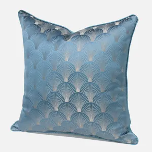 Luxury blue velvet throw pillow cover with elegant art deco fan pattern for modern home decor.