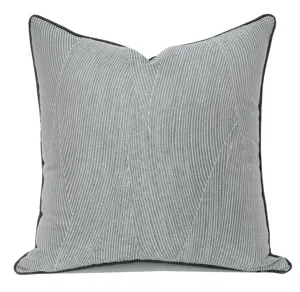 Blue grey modern minimalist square throw pillow cover with chic striped texture and dark piping.