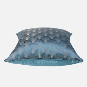 Luxury blue pillow cover with elegant fan pattern design for modern bedroom and living room decor.