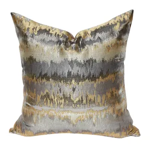Modern metallic gold and gray abstract striped throw pillow cover for living room sofa bed.