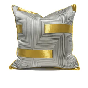 Modern Geometric Throw Pillow Cover Gray Gold Piping Cushion Case Luxury Decorative Pillowcase for Sofa