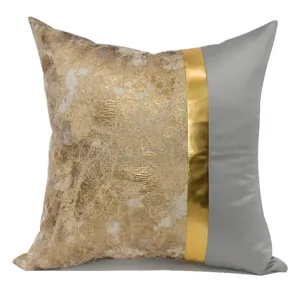 Modern abstract throw pillow cover, blue-grey and gold luxury square cushion case.