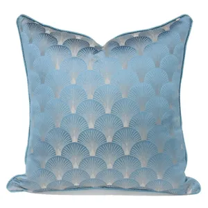 Luxury blue throw pillow cover with elegant silver fan pattern for living room decor.