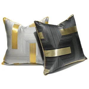 Modern geometric throw pillow covers with luxury gold piping, stylish sofa cushion cases.