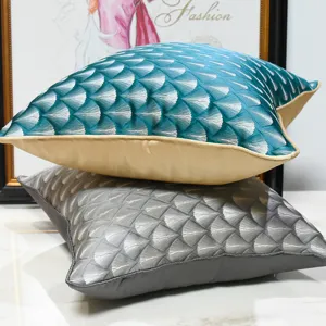 Blue-green and grey fan patterned throw pillow covers, modern decorative cushion covers for sofa or bed.