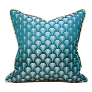Blue green art deco fan pattern throw pillow cover modern decorative square cushion case.