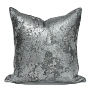 Modern luxury square pillow cover with blue-grey metallic abstract cracked texture.