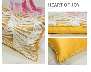 Luxury yellow fan pattern throw pillow with smooth satin backing and hidden zipper.