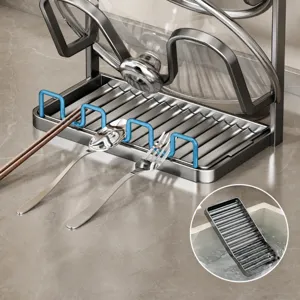 Kitchen pot lid organizer rack countertop stainless steel spatula holder with drain tray