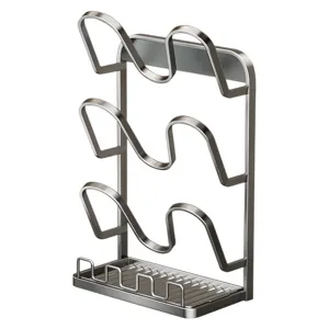 Stainless steel kitchen pot lid rack and cutting board holder, wall mounted and countertop organizer.
