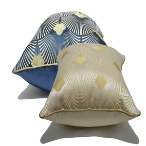 Detail view of luxury art deco fan pattern cushion cover, elegant blue and beige pillow.