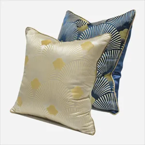 Luxury Art Deco Fan Pattern Cushion Cover Set, Elegant Beige and Blue Throw Pillow Cases.