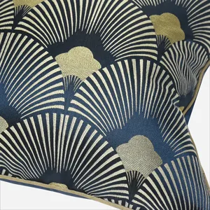 Navy blue gold embroidered fan pattern decorative pillow cover, elegant geometric cushion case.