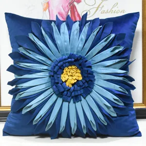 Blue sunflower throw pillow cover decorative cushion with 3D layered fabric floral design.