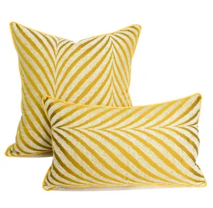 Yellow and white striped throw pillow cover detail, Nordic style sofa cushion protector.