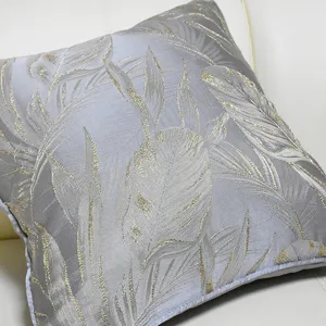 Grey gold leaf throw pillow cover, luxury jacquard cushion case for modern sofa decor.