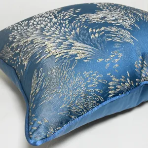 Blue luxury jacquard throw pillow cover with elegant floral pattern for sofa and living room