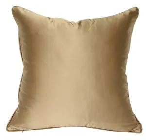 Gold satin pillow cover detail, smooth texture, luxury home decor style for sofa.