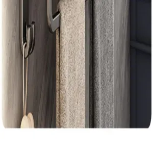 Bathroom towel rack detail closeup, modern matte black wall hook for home organization.