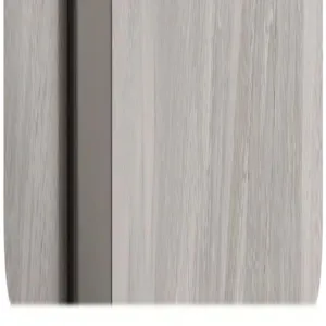 Bathroom cabinet wood grain detail panel in light grey with dark vertical accent edge