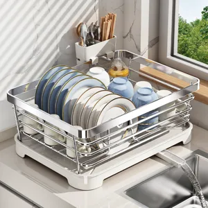Modern Stainless Steel Dish Drying Rack Kitchen Countertop Tableware Storage Organizer With Drainboard Utensil Holder For Household Bowls Plates Cups Collection