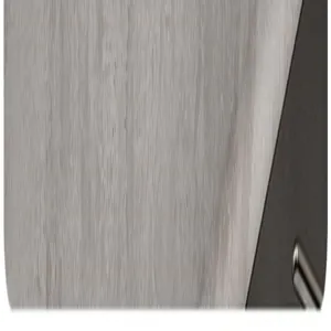Bathroom towel rack detail view featuring wood grain surface and metal bar for wall mount.