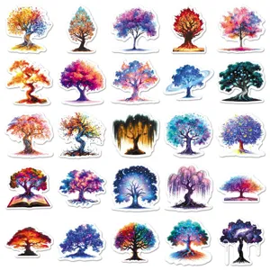 Details of colorful fantasy tree stickers set, waterproof vinyl decal design for DIY decor.