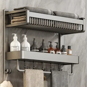 Modern Aluminum Alloy Towel Rack Wall-Mounted Matte Gunmetal Gray Bathroom Organizer Shelf With Hooks Towel Bar Restroom Storage