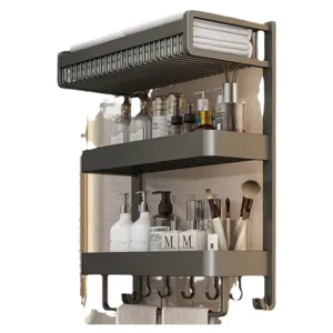 Wall mounted bathroom towel rack, space aluminum shower shelf with storage basket and hooks.