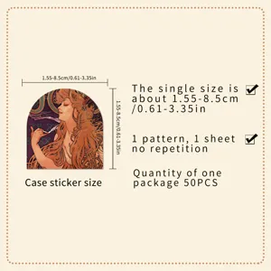 Detail view of vintage art nouveau style decorative stickers showing dimensions and pack info.