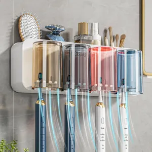 Porte-brosse à Dents Mural Étagère de Rangement Salle de Bain Distributeur Automatique de Dentifrice Gobelets Organisateur Accessoires