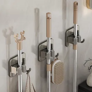 Gunmetal Grau Wandhalterung Mopphalter Ohne Bohren Weltraum Aluminium Besen Organizer Regal Mit Haken Funktionale Lagerung Aufhänger