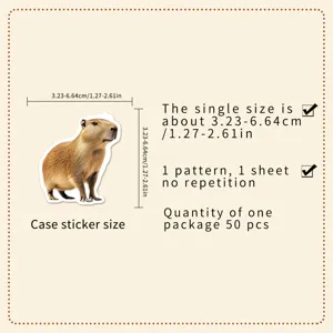 Detailed view of the cute realistic capybara sticker, showing single size and 50 pcs pack.