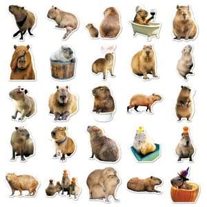 Close-up details of various cute capybara stickers, waterproof decorative decals.