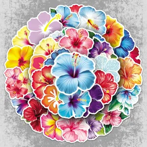 Tropical Hibiscus Waterproof Vinyl Stickers Colorful Floral Plant Decal For Water Bottle Laptop Scrapbook Decorative