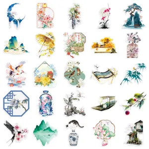 50pcs Chinese style watercolor landscape PET waterproof decorative stickers for journaling art.