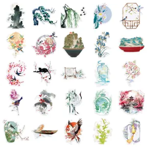 50pcs vintage Chinese style transparent waterproof PET decorative stickers for journaling crafts.