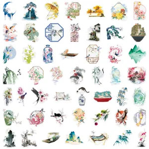 50pcs Chinese traditional ink style stickers waterproof PET decorative stickers for journal