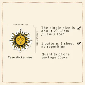 Detail view of vintage celestial sun sticker, 50pcs non-repeating decorative laptop decal.