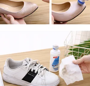 Crema detergente per scarpe bianche con spazzola e panno per una pulizia profonda e sbiancamento.