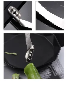 Stainless steel pepper corer kitchen tool for seeding and deseeding green chilies peppers.