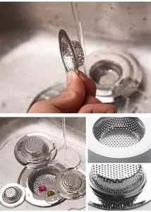 Stainless steel sink strainer with wide rim and fine mesh holes for kitchen and bath.